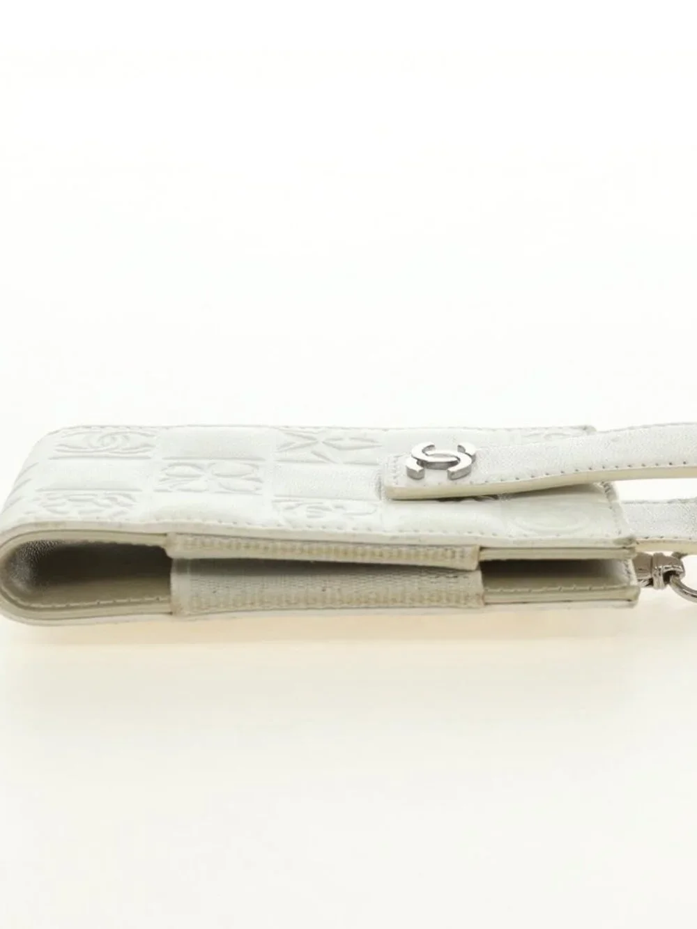 CHANEL icon Chain Shoulder Pouch Lamb Skin White Silver CC Auth 184233A